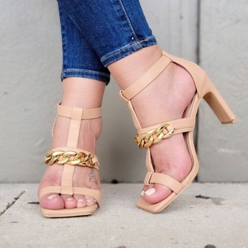 Elegant Nude Gold Chain Chunky Heel Sandals Open Square Toe Buckle